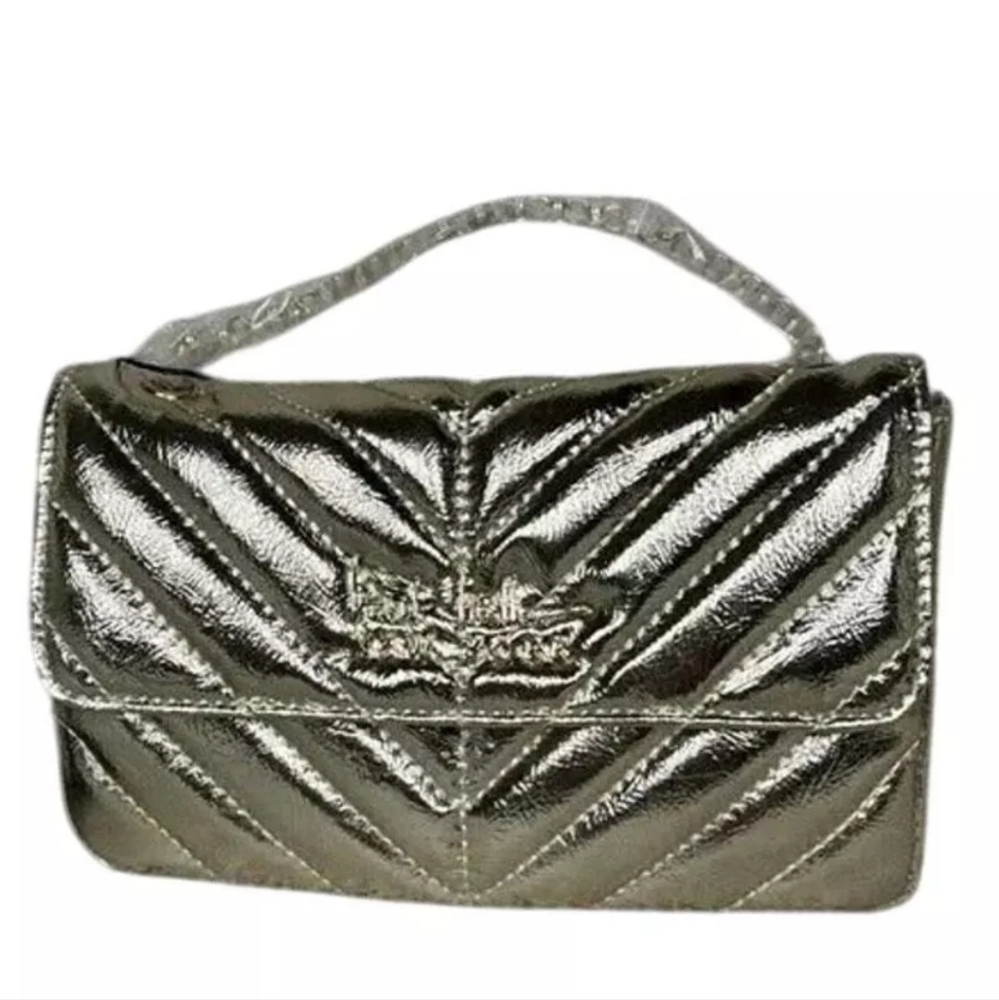 NICOLE MILLER Shiny Gold Evening Purse Chain Strap Crossbody Vegan Leather | NWT